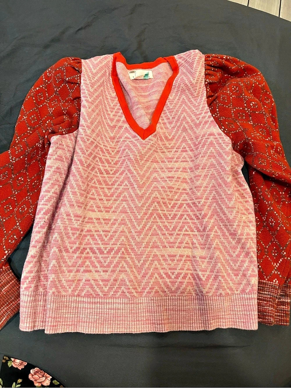 Anthropologie Geometric V-Neck Sweater in Pink & Red 2X